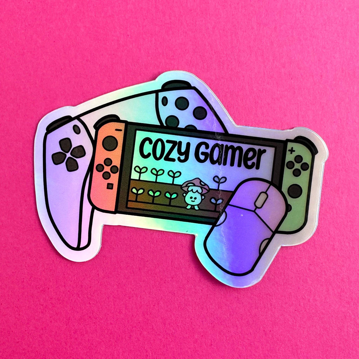 Kitty with a Cupcake - Cozy Gamer Holographic Sticker