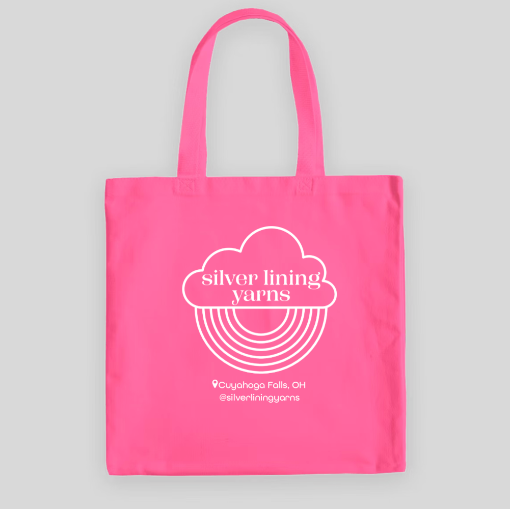 Pink tote bag with Silver Lining Yarns logo