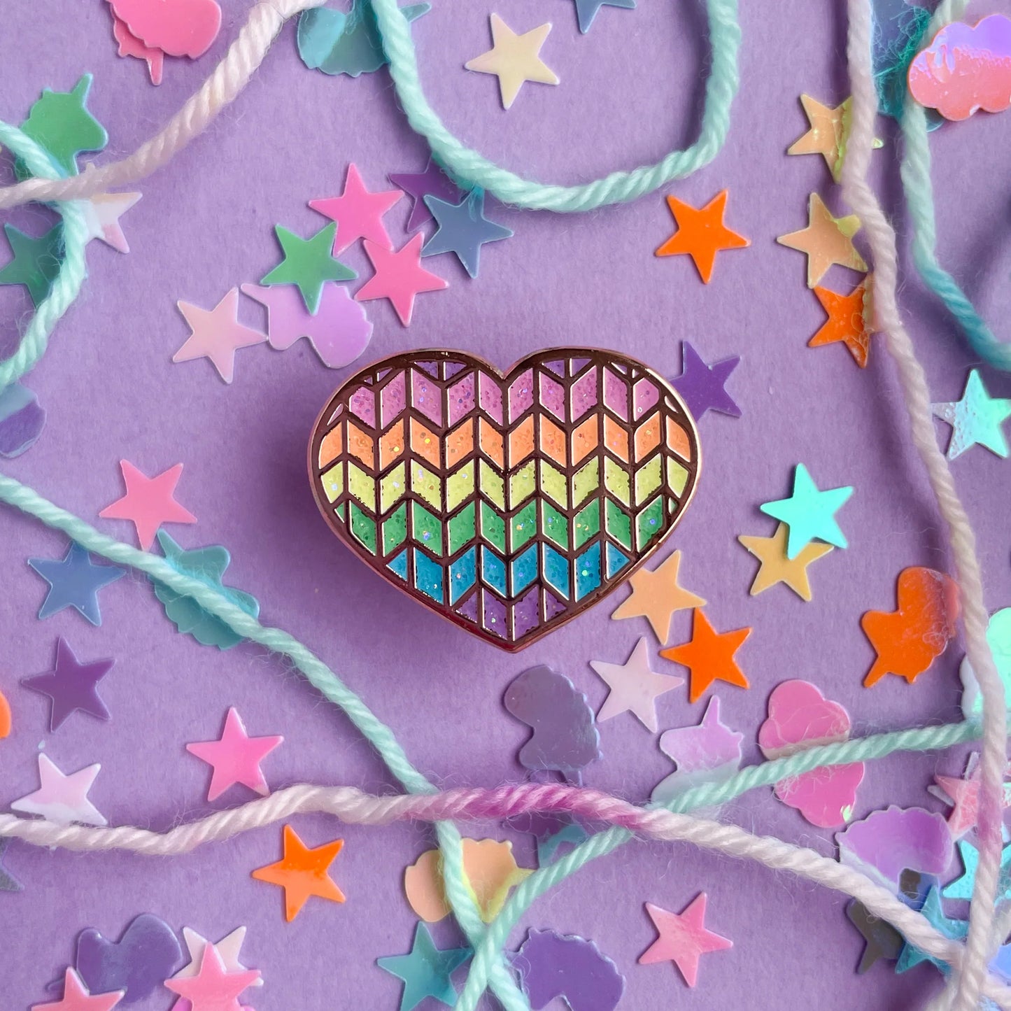 Kitty with a Cupcake - Pastel Rainbow Knit Heart Enamel Pin