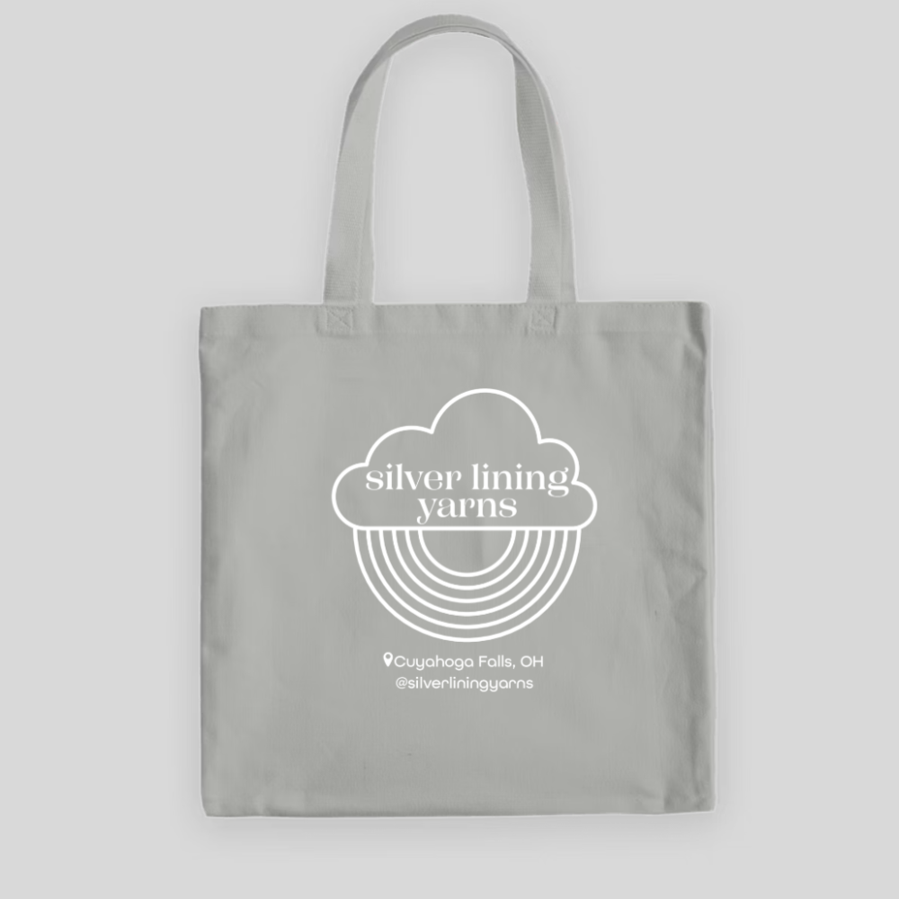 Light grey tote bag with Silver Lining Yarns logo