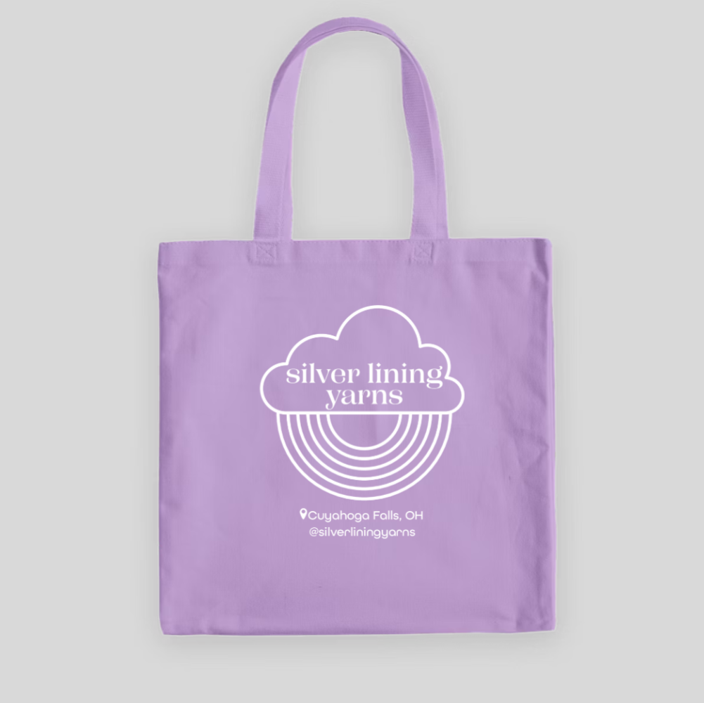Lavender tote bag with Silver Lining Yarns Logo
