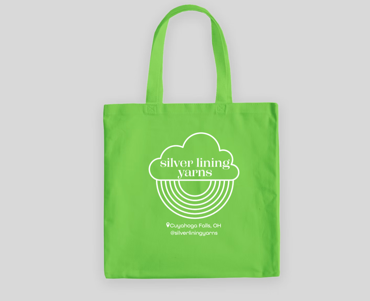 Green tote with Silver Lining Yarns logo