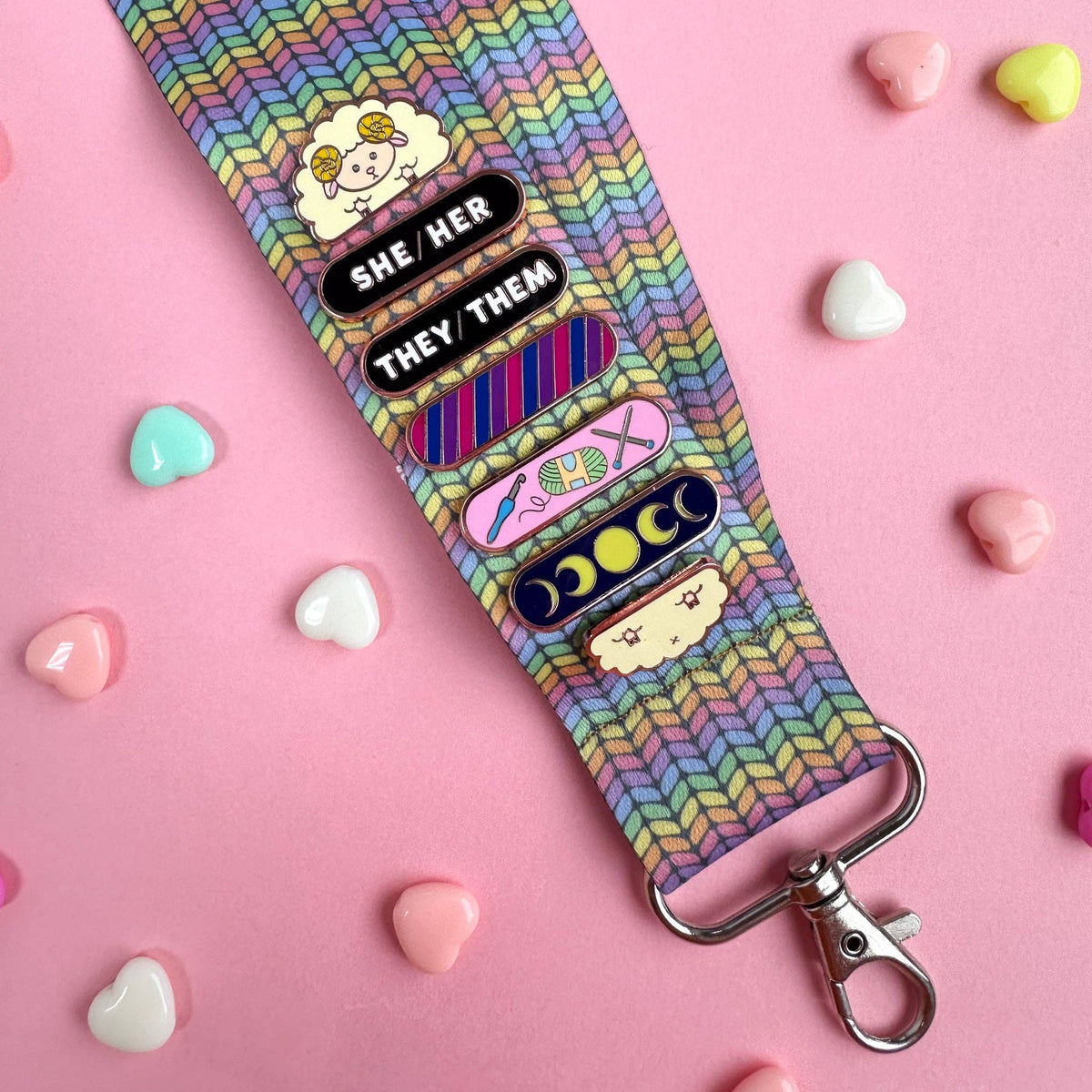 Kitty with a Cupcake - Rainbow Knit Lanyard